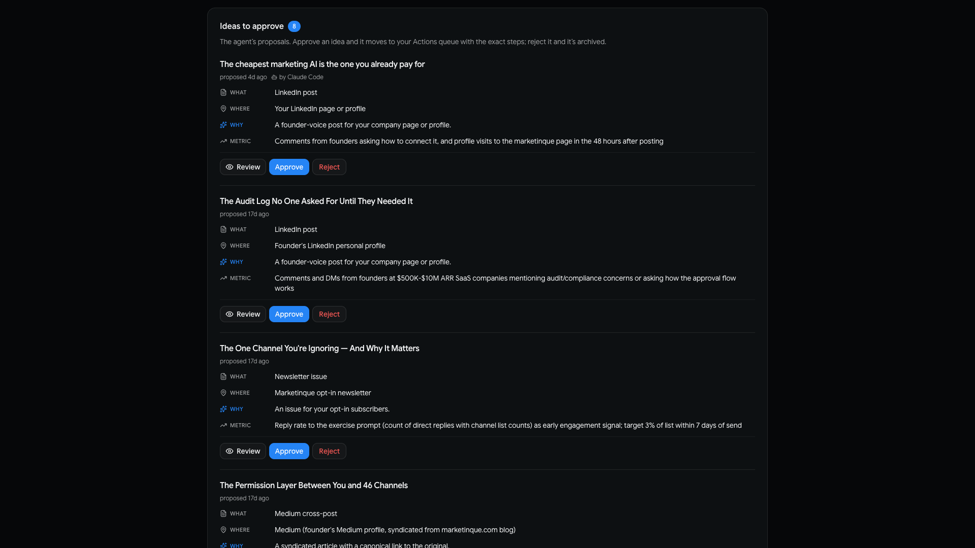 marketinque console: Ideas to approve